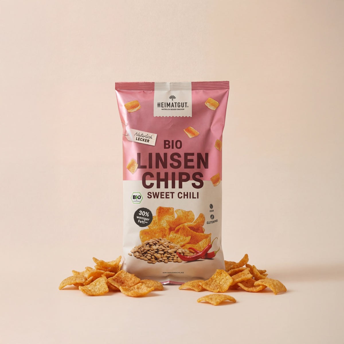 Heimatgut Bio-Linsenchips Sweet Chili, echtes Produktfoto